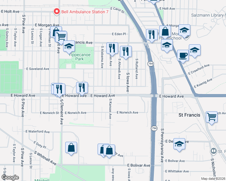 map of restaurants, bars, coffee shops, grocery stores, and more near 1821 East Howard Avenue in Milwaukee