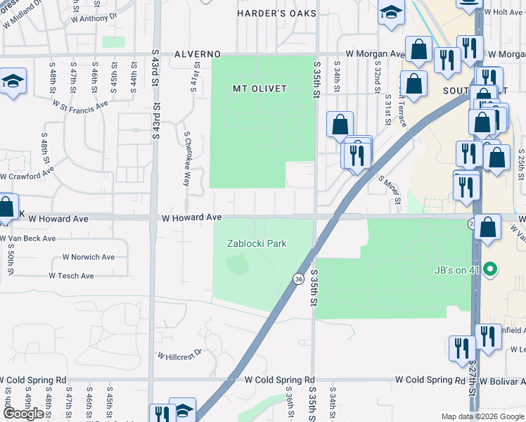 map of restaurants, bars, coffee shops, grocery stores, and more near 3747 West Howard Avenue in Greenfield