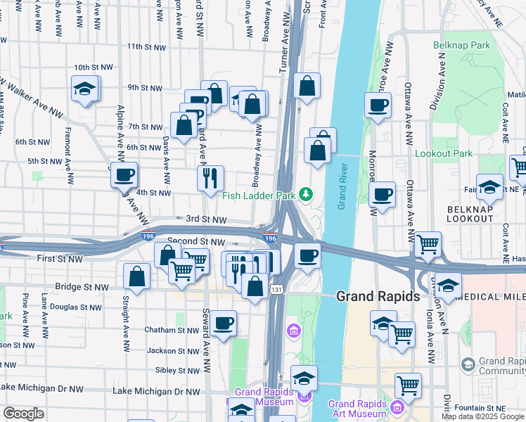 map of restaurants, bars, coffee shops, grocery stores, and more near 600 Broadway Avenue Northwest in Grand Rapids
