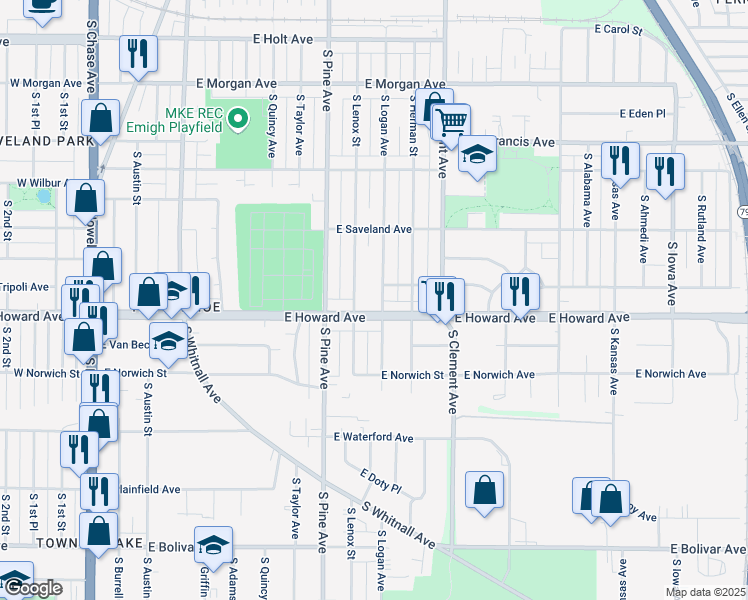 map of restaurants, bars, coffee shops, grocery stores, and more near 1001 East Howard Avenue in Milwaukee