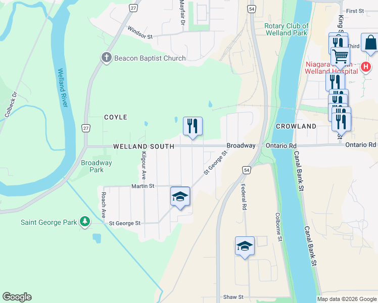 map of restaurants, bars, coffee shops, grocery stores, and more near in Welland