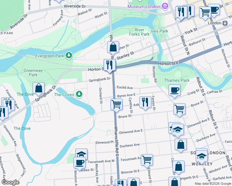 map of restaurants, bars, coffee shops, grocery stores, and more near 131 Wharncliffe Road South in London