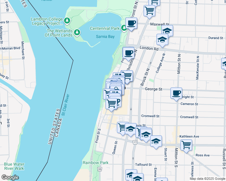 map of restaurants, bars, coffee shops, grocery stores, and more near 228 Front Street North in Sarnia