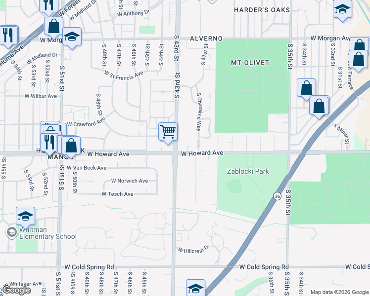 map of restaurants, bars, coffee shops, grocery stores, and more near 4204 West Howard Avenue in Milwaukee