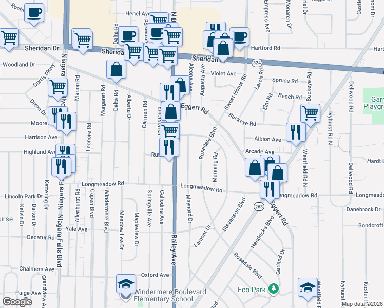 map of restaurants, bars, coffee shops, grocery stores, and more near 466 Maynard Drive in Buffalo