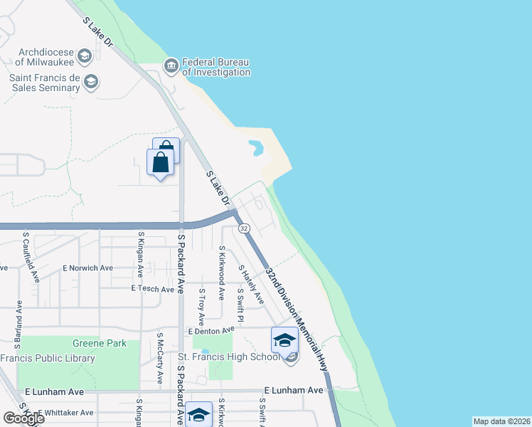 map of restaurants, bars, coffee shops, grocery stores, and more near 3902 South Lake Drive in Saint Francis