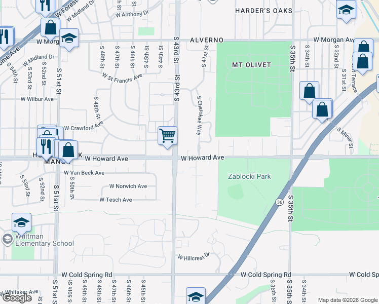 map of restaurants, bars, coffee shops, grocery stores, and more near 4221 West Howard Avenue in Greenfield