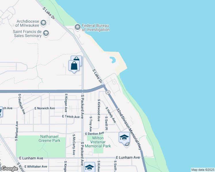 map of restaurants, bars, coffee shops, grocery stores, and more near 3852 South Lake Drive in Milwaukee