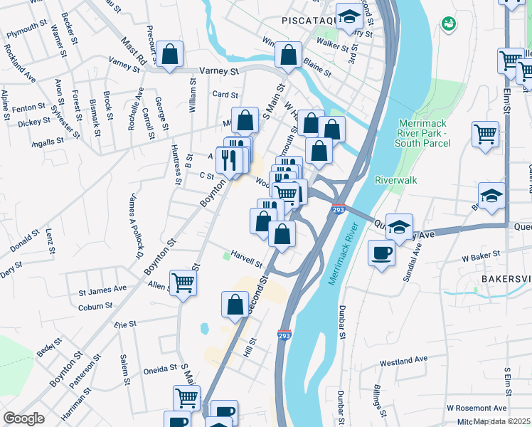map of restaurants, bars, coffee shops, grocery stores, and more near 180 Woodbury Street in Manchester