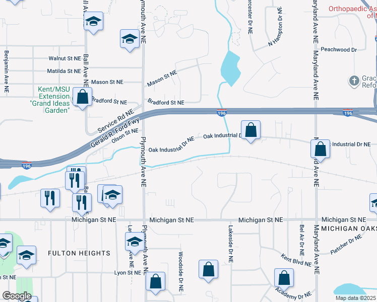 map of restaurants, bars, coffee shops, grocery stores, and more near 1900 Oak Industrial Drive Northeast in Grand Rapids