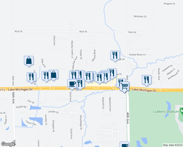 map of restaurants, bars, coffee shops, grocery stores, and more near 5040 Stowe Avenue in Allendale Charter Township