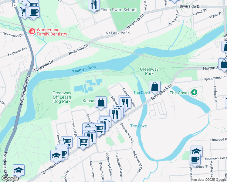 map of restaurants, bars, coffee shops, grocery stores, and more near 73 Wildwood Avenue in London