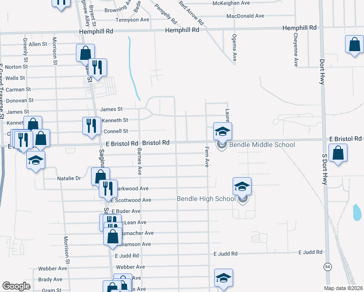 map of restaurants, bars, coffee shops, grocery stores, and more near 3520 Barcey Court in Burton
