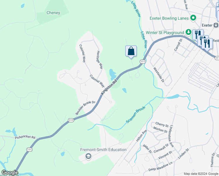 map of restaurants, bars, coffee shops, grocery stores, and more near 1 Colonial Way in Exeter