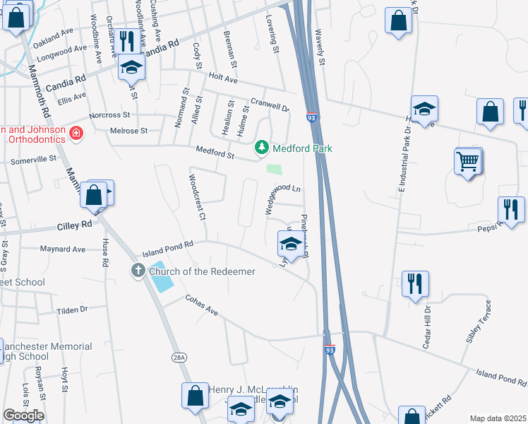 map of restaurants, bars, coffee shops, grocery stores, and more near 162 Green Acres Drive in Manchester