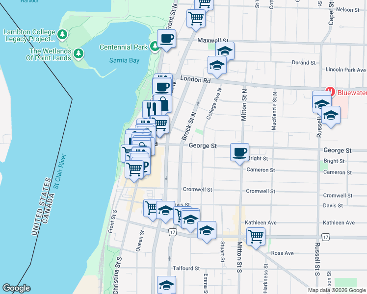 map of restaurants, bars, coffee shops, grocery stores, and more near in Sarnia