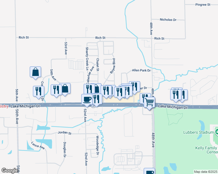 map of restaurants, bars, coffee shops, grocery stores, and more near 5059 Stowe Avenue in Allendale Charter Township