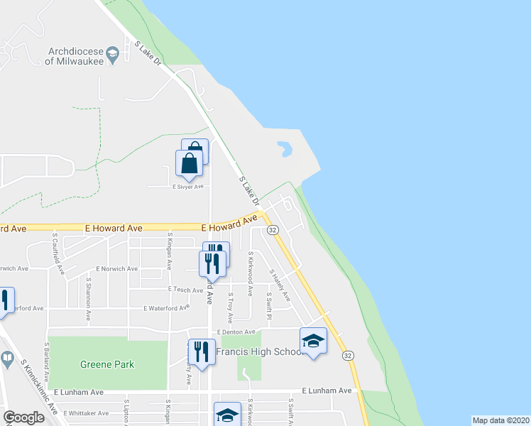 map of restaurants, bars, coffee shops, grocery stores, and more near 3856 South Lake Drive in St. Francis