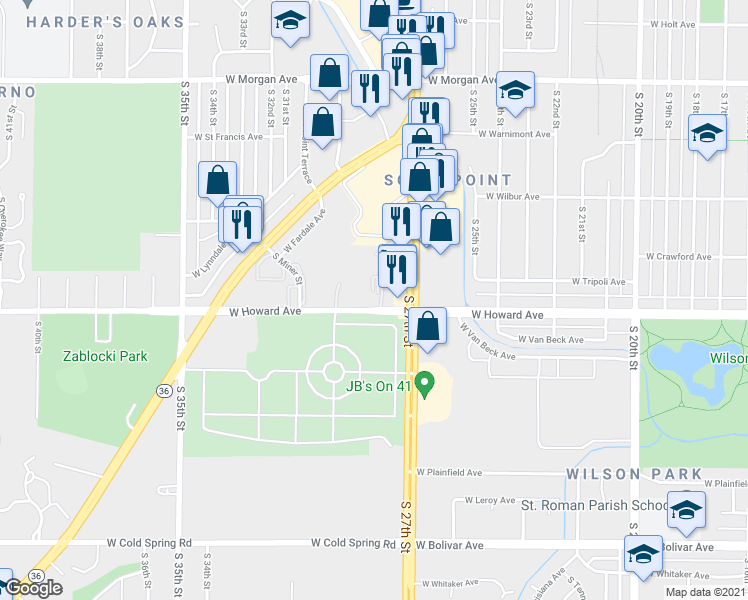 map of restaurants, bars, coffee shops, grocery stores, and more near 2720 West Howard Avenue in Milwaukee