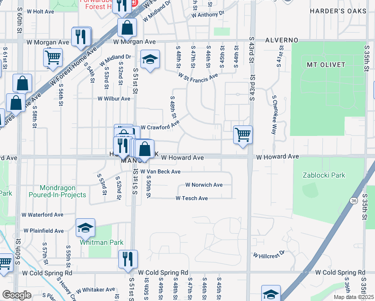 map of restaurants, bars, coffee shops, grocery stores, and more near 4703 West Tripoli Avenue in Milwaukee