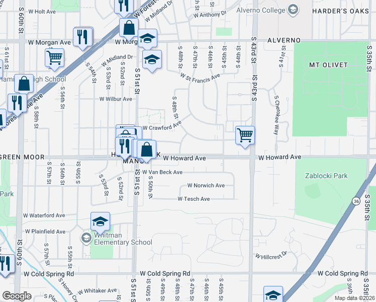 map of restaurants, bars, coffee shops, grocery stores, and more near 4703 West Tripoli Avenue in Milwaukee