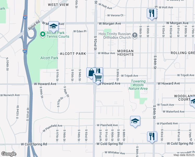 map of restaurants, bars, coffee shops, grocery stores, and more near 3818 South 92nd Street in Milwaukee