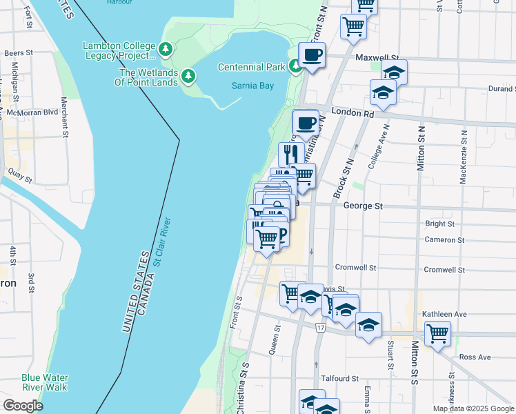 map of restaurants, bars, coffee shops, grocery stores, and more near 265 Front Street North in Sarnia