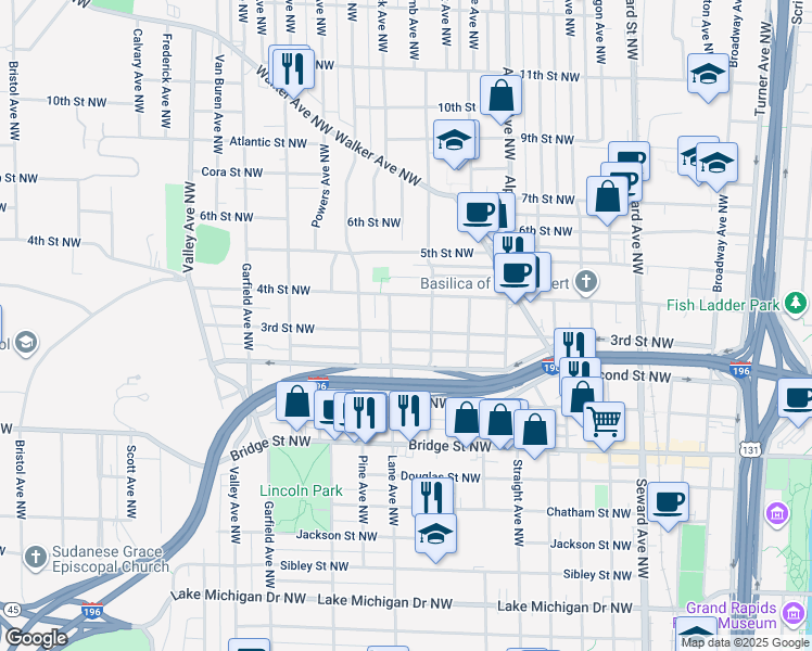 map of restaurants, bars, coffee shops, grocery stores, and more near 923 3rd Street Northwest in Grand Rapids