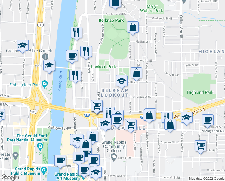 map of restaurants, bars, coffee shops, grocery stores, and more near 622 Fairview Avenue Northeast in Grand Rapids
