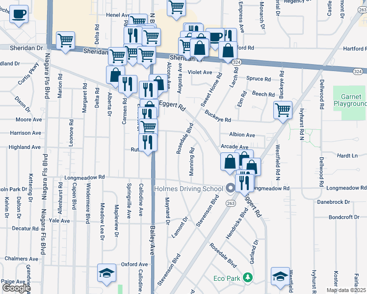 map of restaurants, bars, coffee shops, grocery stores, and more near 398 Rosedale Boulevard in Buffalo