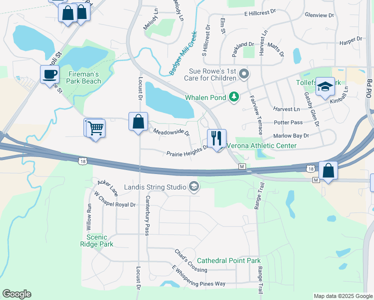 map of restaurants, bars, coffee shops, grocery stores, and more near 302 Prairie Heights Drive in Verona