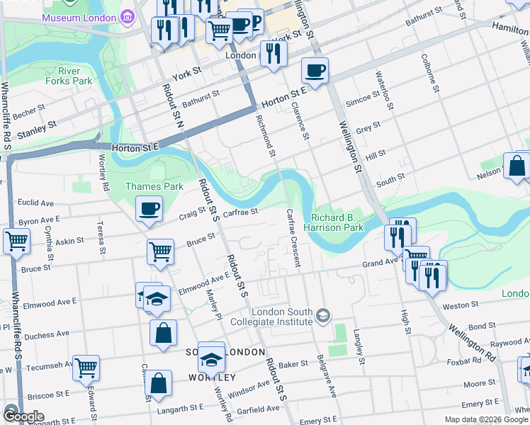 map of restaurants, bars, coffee shops, grocery stores, and more near 49 Carfrae Street in London