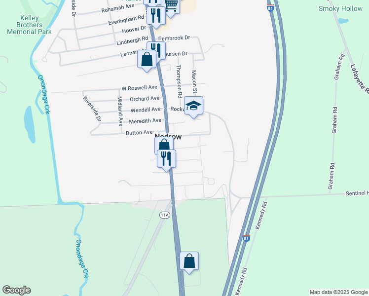 map of restaurants, bars, coffee shops, grocery stores, and more near 110 Worden Avenue in Nedrow
