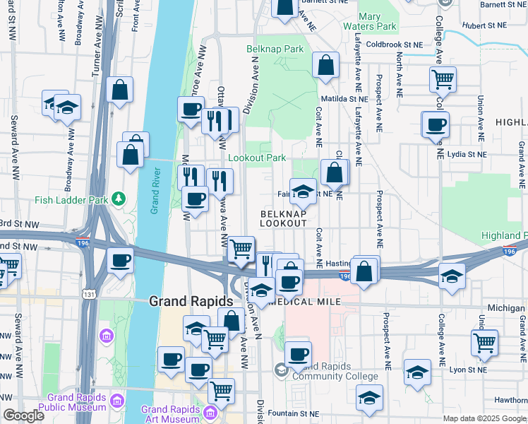 map of restaurants, bars, coffee shops, grocery stores, and more near 8 Fairbanks Street Northeast in Grand Rapids