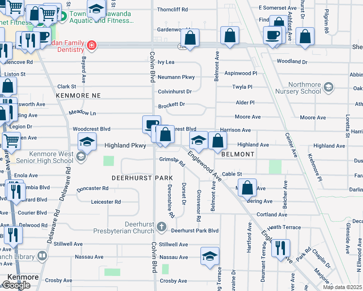map of restaurants, bars, coffee shops, grocery stores, and more near Englewood Avenue & Highland Parkway in Tonawanda