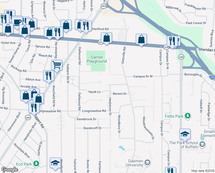 map of restaurants, bars, coffee shops, grocery stores, and more near in Erie County