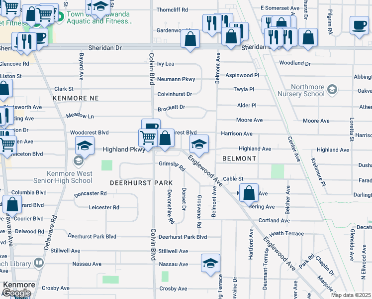 map of restaurants, bars, coffee shops, grocery stores, and more near 295 Woodcrest Boulevard in Buffalo