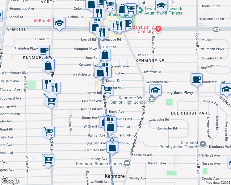 map of restaurants, bars, coffee shops, grocery stores, and more near 38 Linden Avenue in Buffalo