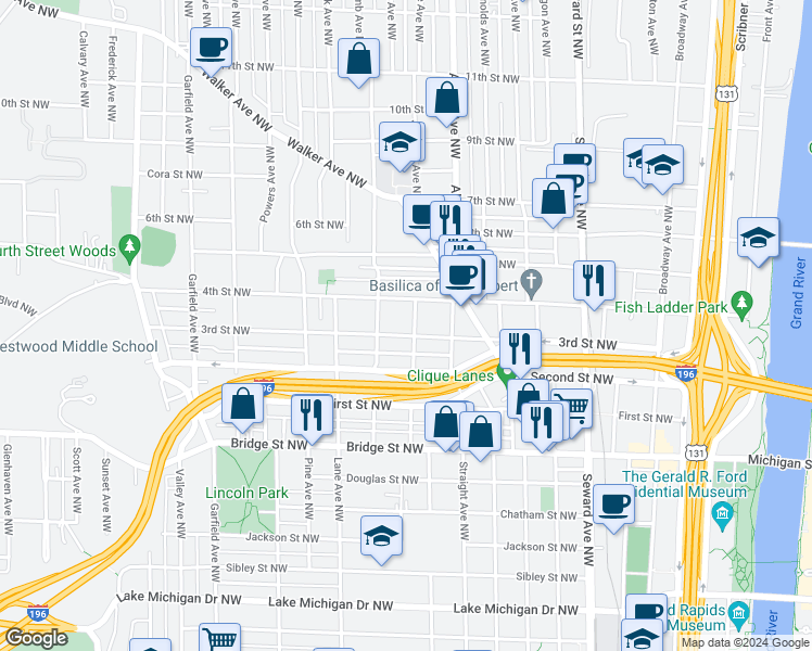 map of restaurants, bars, coffee shops, grocery stores, and more near 874 4th Street Northwest in Grand Rapids