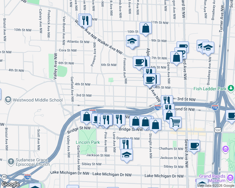 map of restaurants, bars, coffee shops, grocery stores, and more near 922 4th Street Northwest in Grand Rapids