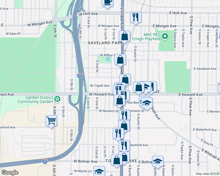 map of restaurants, bars, coffee shops, grocery stores, and more near 158 West Tripoli Avenue in Milwaukee