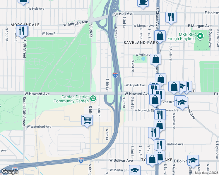 map of restaurants, bars, coffee shops, grocery stores, and more near 3822 South 5th Street in Milwaukee