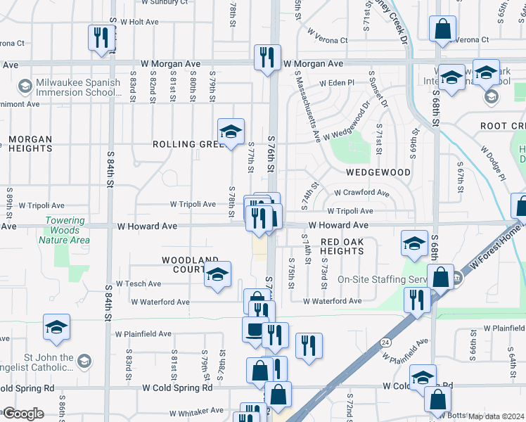 map of restaurants, bars, coffee shops, grocery stores, and more near 3821 South 76th Street in Milwaukee