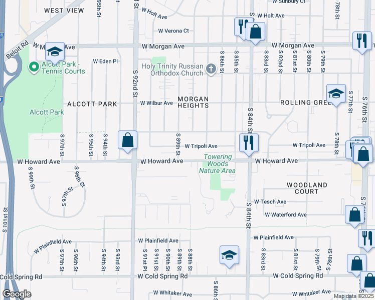 map of restaurants, bars, coffee shops, grocery stores, and more near 8800 West Tripoli Avenue in Milwaukee