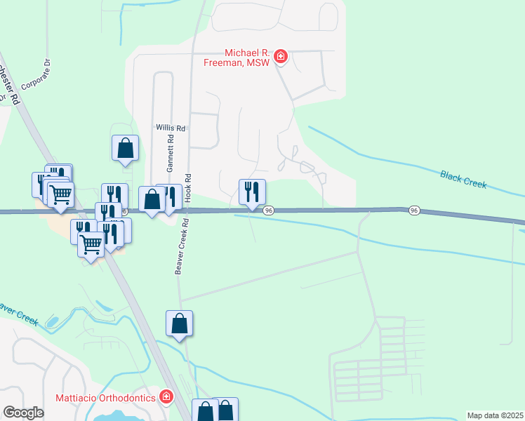 map of restaurants, bars, coffee shops, grocery stores, and more near 5857 New York 96 in Farmington