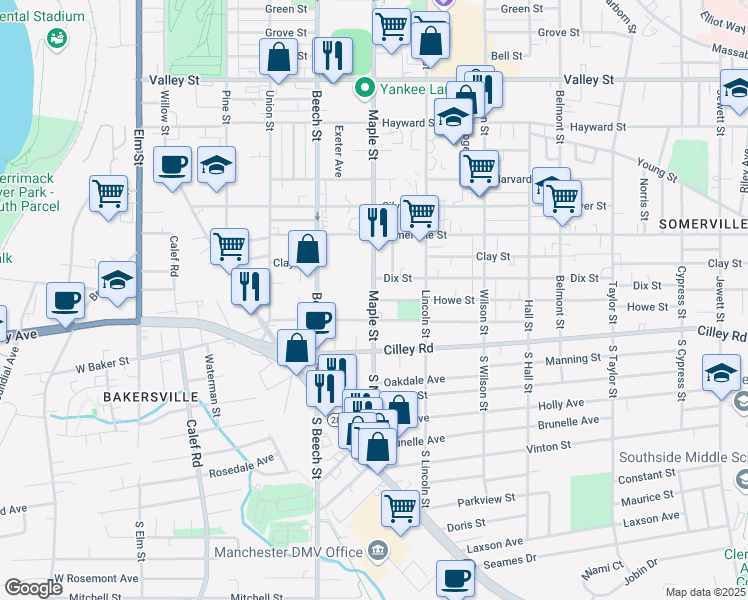 map of restaurants, bars, coffee shops, grocery stores, and more near 46 Maple Street in Manchester