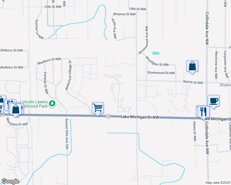 map of restaurants, bars, coffee shops, grocery stores, and more near 3333 Lake Michigan Drive in Grand Rapids