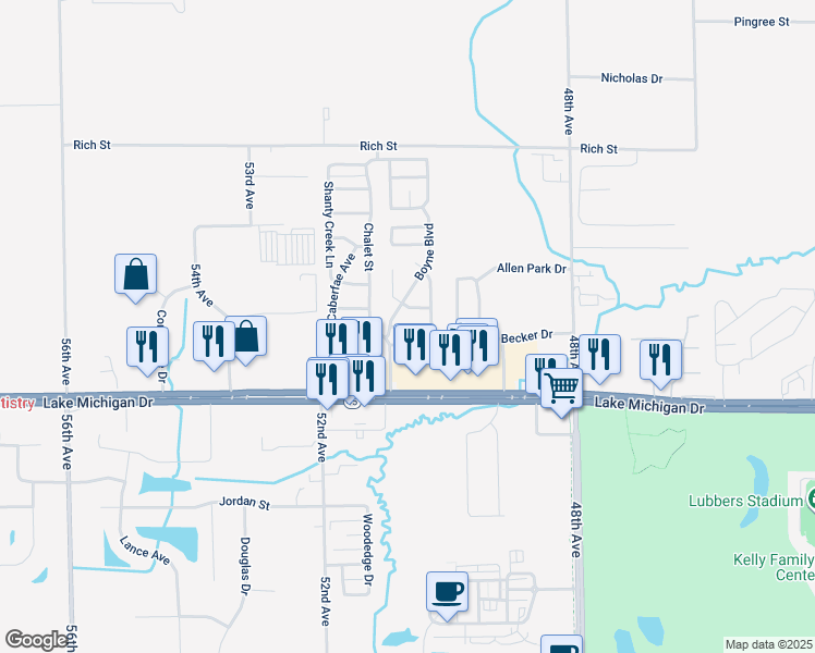 map of restaurants, bars, coffee shops, grocery stores, and more near 5059 Stowe Avenue in Allendale Charter Township