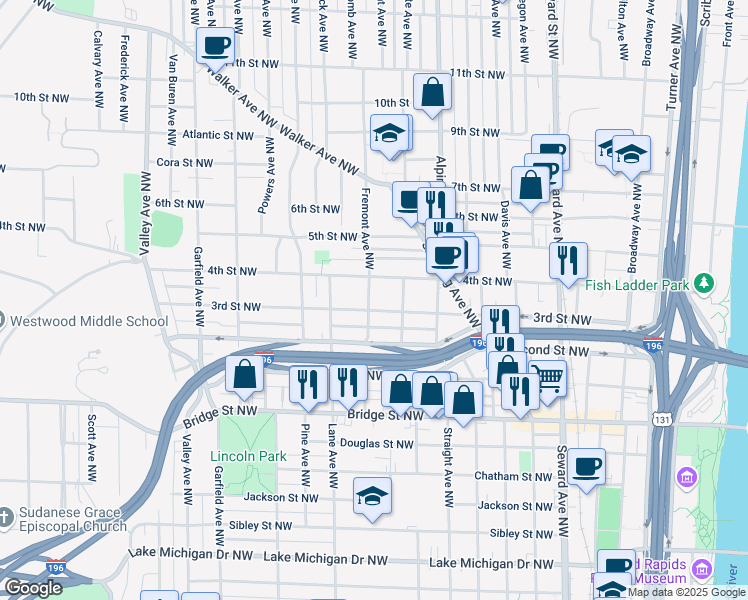 map of restaurants, bars, coffee shops, grocery stores, and more near 874 4th Street Northwest in Grand Rapids
