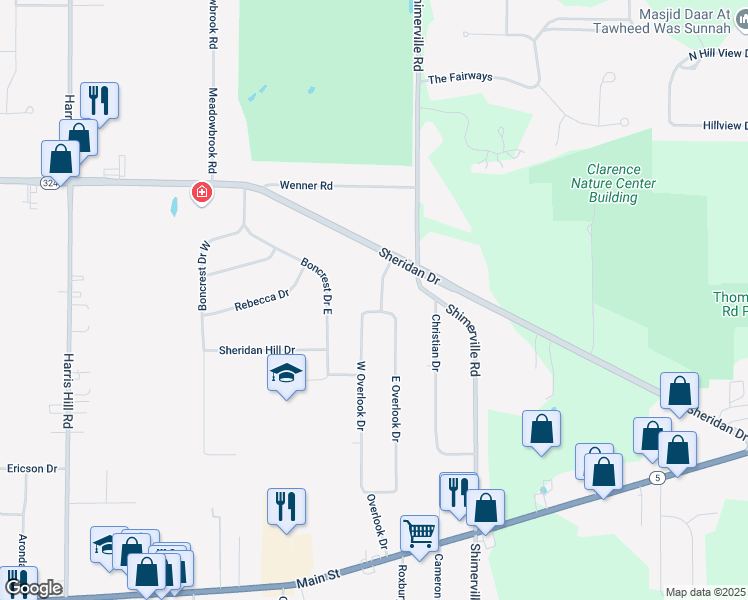 map of restaurants, bars, coffee shops, grocery stores, and more near 4660 Overlook Drive in Buffalo